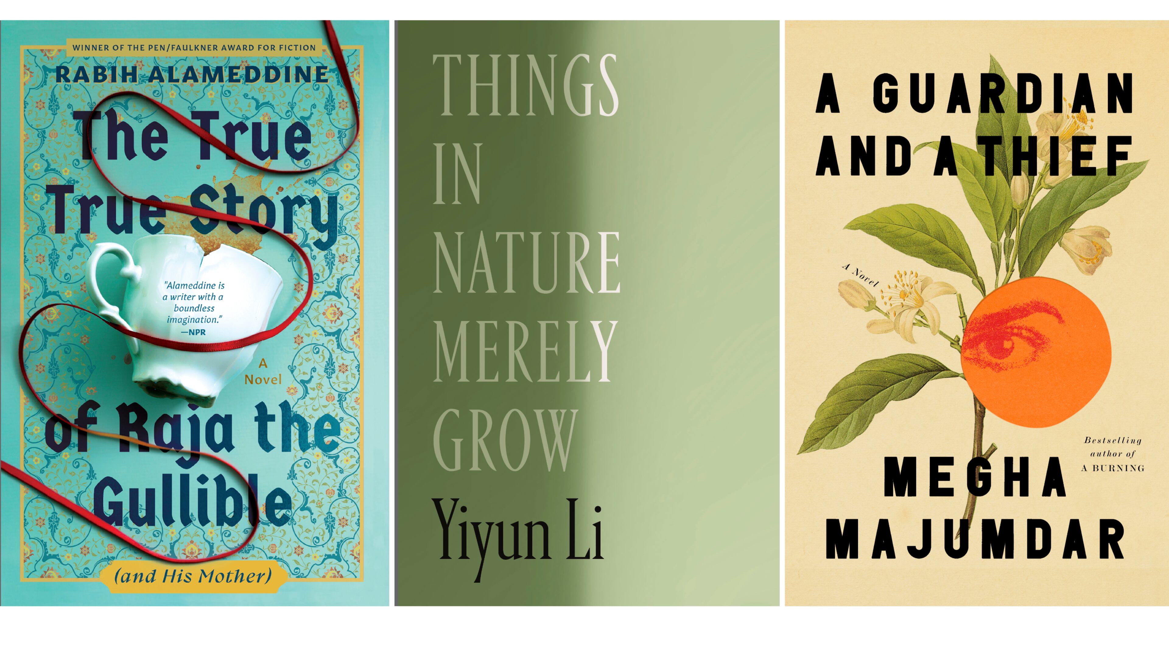 This combination of book covers shows, from left, "The True True Story of Raja the Gullible (and His Mother) by Rabih Alameddine, "Things in Nature Merely Grow" by Yiyun Li, and "A Guardian and a Thief" by Megha Majumdar. (Grove Press/Farrar, Straus and Giroux/Knopf via AP)