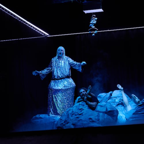 Actors perform their final rehearsal of "Odyssey. Maeotis," which reimagines Homer’s epic, at Ivan Franko theater in Kyiv, Tuesday, Aug. 25, 2026. (AP Photo/Francisco Seco)