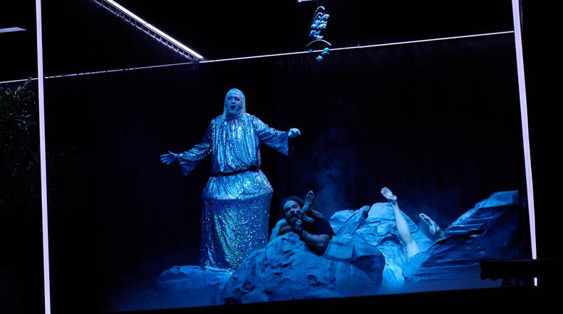 Actors perform their final rehearsal of "Odyssey. Maeotis," which reimagines Homer’s epic, at Ivan Franko theater in Kyiv, Tuesday, Aug. 25, 2026. (AP Photo/Francisco Seco)