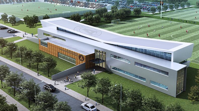 Atlanta United FC proposed construction of a 3,500-seat stadium, several practice soccer fields and a two-story corporate headquarters on 41 acres of government land near Memorial Drive and I-285. The team decided to locate its soccer complex in Marietta after discovering issues with the DeKalb site. Credit: Atlanta United FC