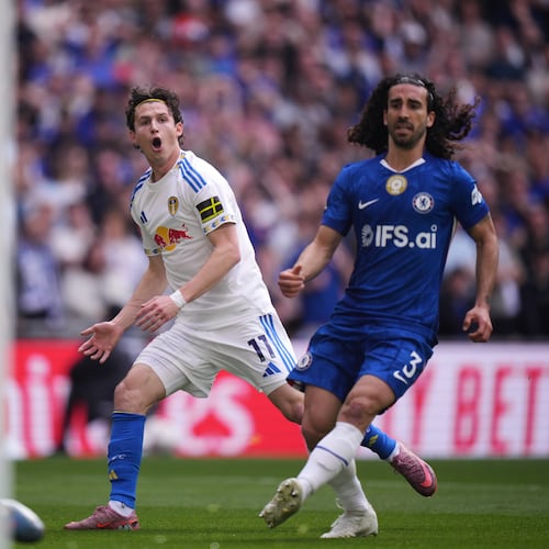 Leeds' Brenden Aaronson, center, reacts after failing to score during the FA Cup semifinal soccer match between Chelsea and Leeds in London, England, Sunday, April 26, 2026. (AP Photo/Alastair Grant)
