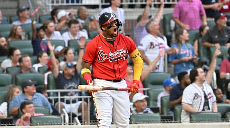 Braves' right fielder Ronald Acuna (13) celebrates after hitting a 3-run home run in the second inning at Truist Park on Friday, July 8, 2022. (Hyosub Shin / Hyosub.Shin@ajc.com)