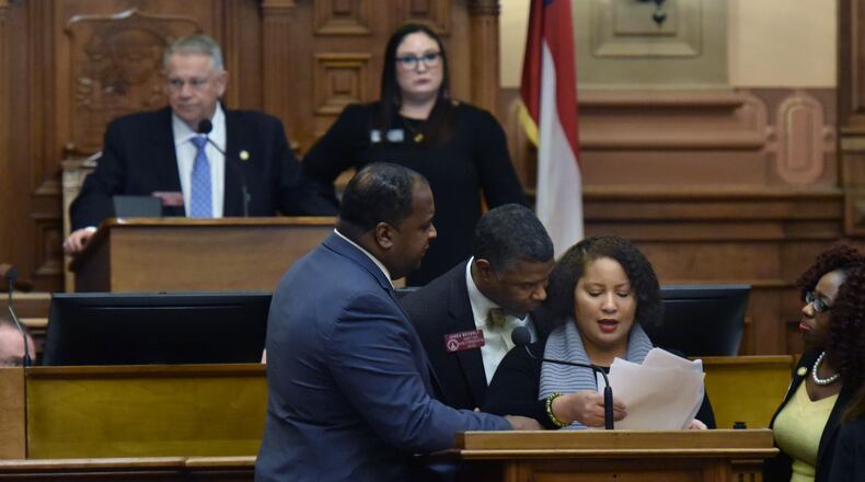 Rep. Renitta Shannon does not stop speaking after her time ran out as she speaks to oppose HB 481, which would outlaw abortions once a doctor can detect a heartbeat in the womb, in the House during Crossover day. HYOSUB SHIN / HSHIN@AJC.COM