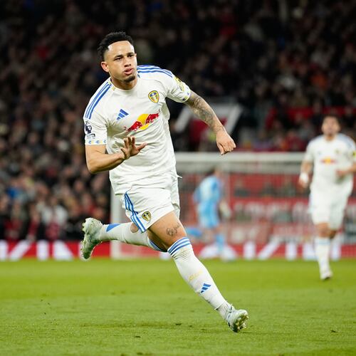 Leeds' Noah Okafor celebrates after scoring during the Premiier League soccer match between Manchester United and Leeds in Manchester, England, Monday, April 13, 2026. (AP Photo/Dave Thompson)