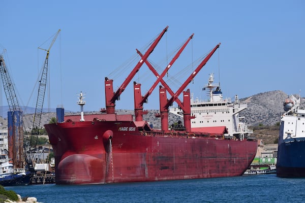 The Liberian-flagged bulk carrier Magic Seas is seen in Ambelakia Bay, Salamis Island, Greece, Aug. 9, 2022. (Nektarios Papadakis via AP)