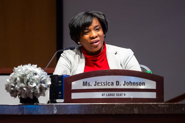Atlanta Public Schools District 9 At-Large board member Jessica Johnson speaks during the board’s organizational meeting on Monday, Jan. 8, 2024, at APS headquarters in downtown Atlanta. (Bita Honarvar for the AJC)