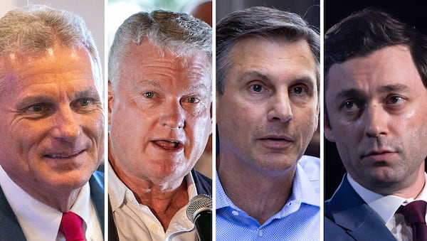 Democratic U.S. Sen. Jon Ossoff (right) will likely face one of these Republican candidates in next year's election (left to right): U.S. Rep. Buddy Carter, U.S. Rep. Mike Collins or Derek Dooley. (AJC)