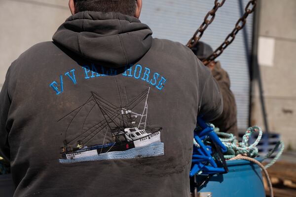 San Francisco Dungeness crab fisherman Brand Little wears a sweatshirt featuring his boat, Pale Horse, as he loads rope onto his boat at Pier 45 in San Francisco, Thursday, April 10, 2025. Little is part of a pilot program using pop-up gear to protect whales. (AP Photo/Emily Steinberger)