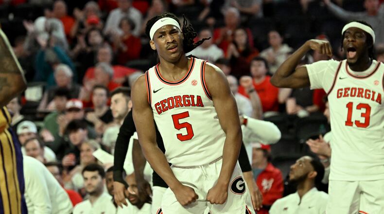 Georgia guard Silas Demary Jr. (5) reacts after scoring during the second half of an NCAA college basketball game at Stegeman Coliseum, Wednesday, February 5, 2025, in Athens. Georgia won 81-62 over LSU. (Hyosub Shin / AJC)