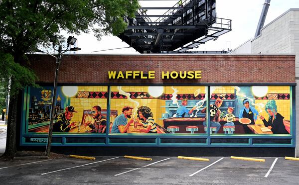 Artist Nick Benson was commissioned to create this mural on a downtown Atlanta Waffle House as an Atlanta homage to Edward Hopper’s Nighthawks painting. (Hyosub Shin/AJC)