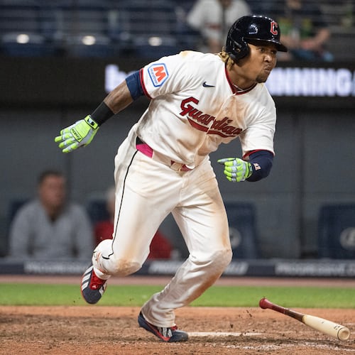 Cleveland Guardians' Jose Ramirez runs out a ground out against the Minnesota Twins during the eighth inning of a baseball game, Wednesday, July 22, 2026, in Cleveland. (AP Photo/Phil Long)