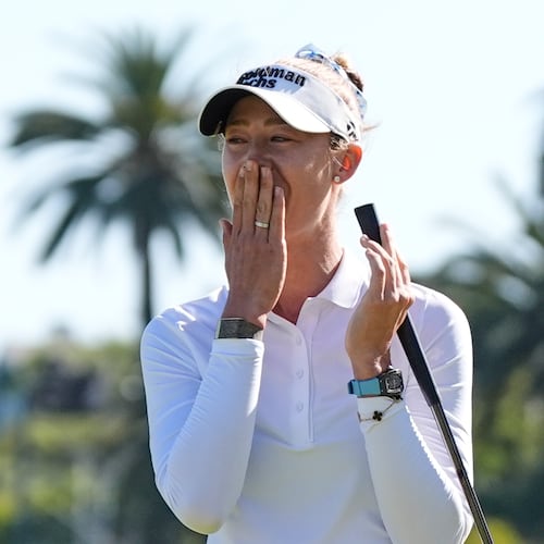 Nelly Korda reacts after winning the U.S. Women's Open golf tournament Sunday, June 7, 2026, in the Pacific Palisades area of Los Angeles. (AP Photo/Ashley Landis)
