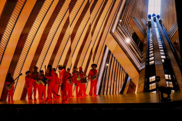 Talking Heads founding member David Byrne performs his “Who Is The Sky” tour at the historic Fox Theatre on Tuesday, Dec. 2, 2025. This marks the first of two concerts the prolific artist will perform in Atlanta. (Miguel Martinez/AJC)