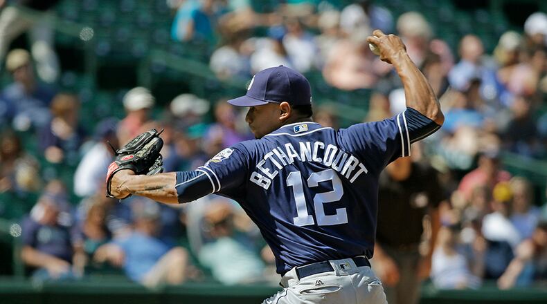 Former Braves catcher Christian Bethancourt made his pitching debut in San Diego's 16-4 loss to Seattle Tuesday, May 31, 2016.