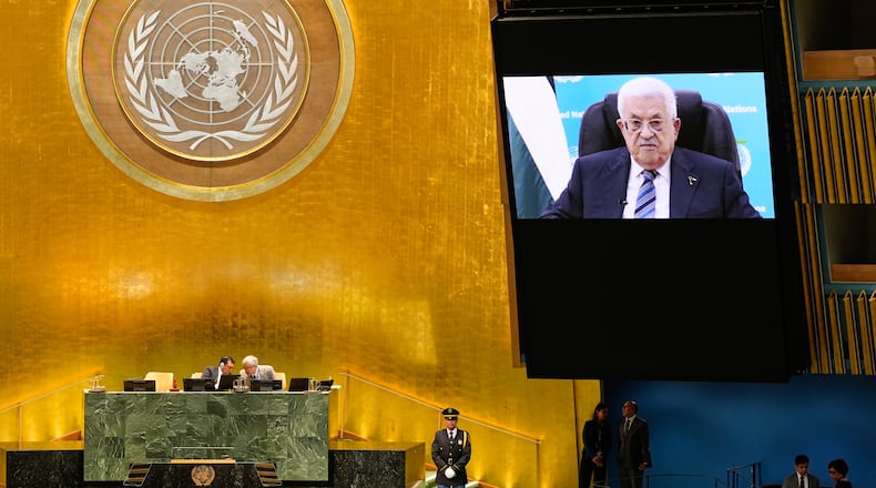 Palestinian President Mahmoud Abbas speaks via pre-recorded video after being denied a visa to attend in person during the 81st session of the United Nations General Assembly at United Nations headquarters, Thursday, Sept. 24, 2026. (AP Photo/Seth Wenig)