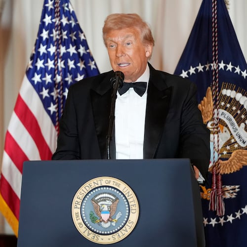 President Donald Trump speaks at a Kennedy Center Honors reception for recipients Sylvester Stallone, George Strait, Kiss, Gloria Gaynor and Michael Crawford at the State Department, Saturday, Dec. 6, 2025, in Washington. (AP Photo/Julia Demaree Nikhinson)