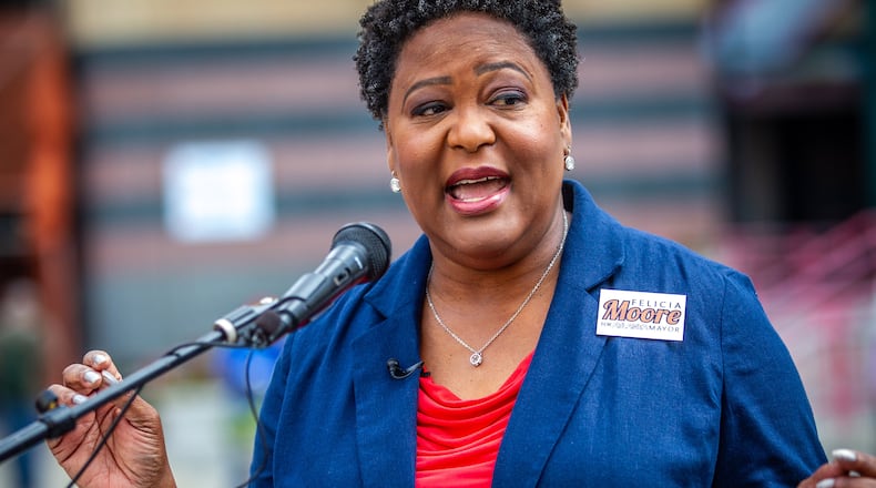 City Council President and mayoral candidate Felicia Moore unveil the details of her plan to fight crime at a press conference in Atlanta Friday, October 1, 2021.  STEVE SCHAEFER FOR THE ATLANTA JOURNAL-CONSTITUTION