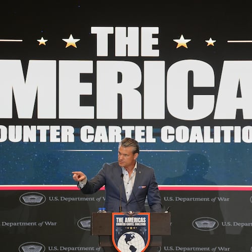 U.S. Defense Secretary Pete Hegseth speaks at a forum of The Americas Counter Cartel Coalition in Panama City, Wednesday, Aug. 12, 2026. (AP Photo/Matias Delacroix)