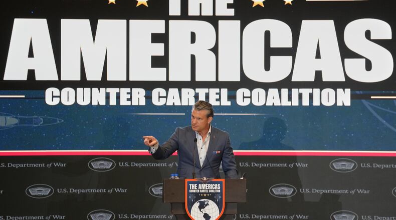 U.S. Defense Secretary Pete Hegseth speaks at a forum of The Americas Counter Cartel Coalition in Panama City, Wednesday, Aug. 12, 2026. (AP Photo/Matias Delacroix)