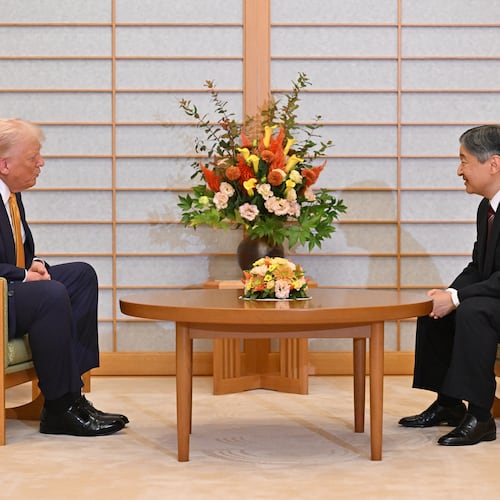 President Donald Trump, left, and Japan's Emperor Naruhito talk during their meeting at the Imperial Palace in Tokyo, Oct. 27, 2025. (Kazuhiro Nogi/Pool Photo via AP)