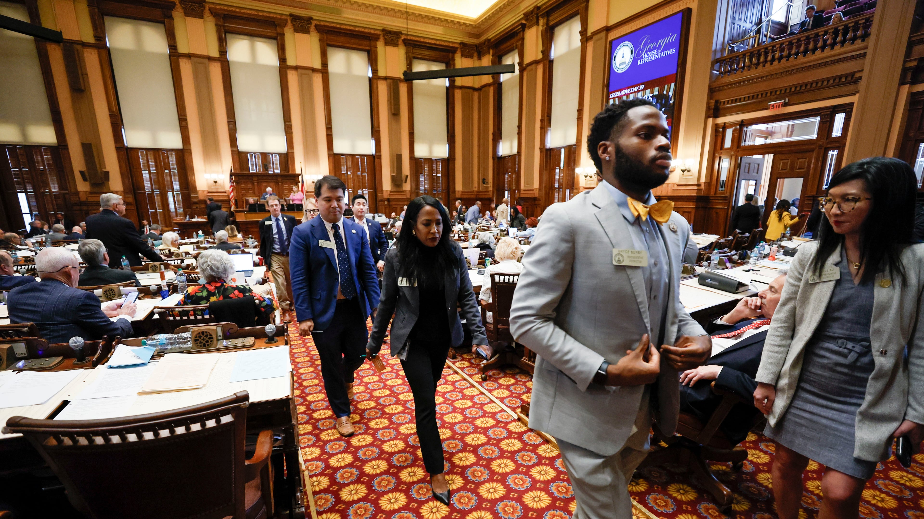 Democrats in the Georgia House of Representatives walked out of the House chamber on Wednesday, April 2, 2025, during Legislative Day 39 at the Georgia State Capitol in protest over a bill limiting resources for gender-affirming care for state inmates. Republicans maintain an 11-seat majority in the House. Democrats hope to shrink that majority and perhaps take control of the chamber in 2026.
(Miguel Martinez/ AJC)