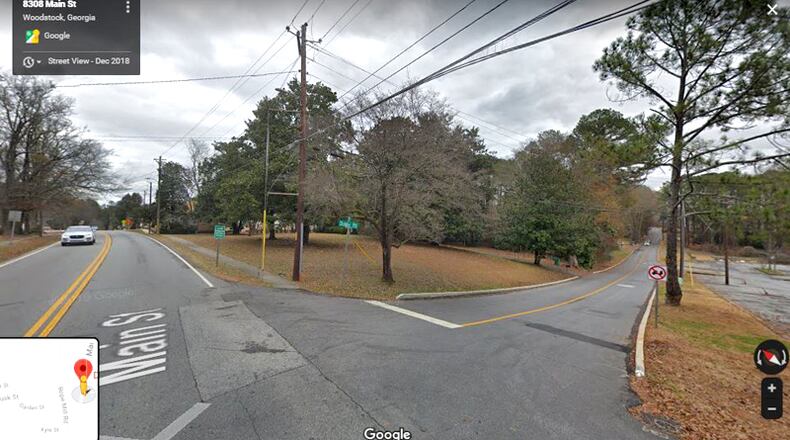 Dobbs Road east of Main Street in Woodstock will be elevated to the same height as Main Street for a distance of 20 feet, then tapered down to its present level, in a project approved by the City Council. GOOGLE MAPS