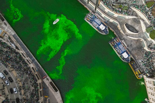 The Chicago River is dyed green as part of annual St. Patrick's Day festivities Saturday, March 15, 2025, in Chicago. (AP Photo/Erin Hooley)