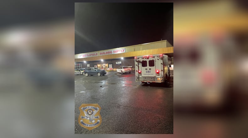 Thursday’s incident began around 2 a.m. when a Calhoun police officer saw a car parked in front of Battlefield Building Supply on U.S. 41, then noticed that the glass door of the business had been smashed, the GBI said.