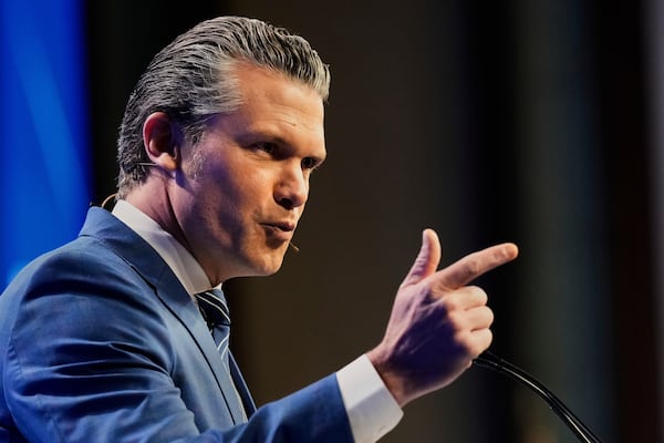 U.S. Defense Secretary Pete Hegseth delivers his speech during 22nd Shangri-La Dialogue summit in Singapore, Saturday, May 31, 2025. (AP Photo/Anupam Nath)
