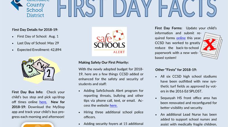 “First Day Facts” of the Cherokee County School District is now available, with information about the new school year and links to useful school databases — from school bus schedules to breakfast and lunch menus. CHEROKEE COUNTY SCHOOLS