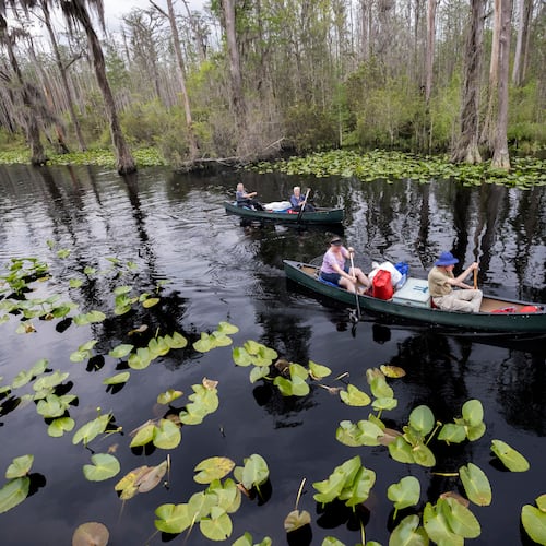 FILE - Visitors return to Stephen C. Foster State Park after an overnight camping trip on the Red Trail in the Okefenokee National Wildlife Refuge in Fargo, Ga., April 6, 2022. (AP Photo/Stephen B. Morton, File)