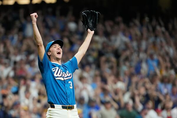 Brewers ace Jacob Misiorowski celebrates upon finishing his (deeply impressive) last start. (Aaron Gash/AP)