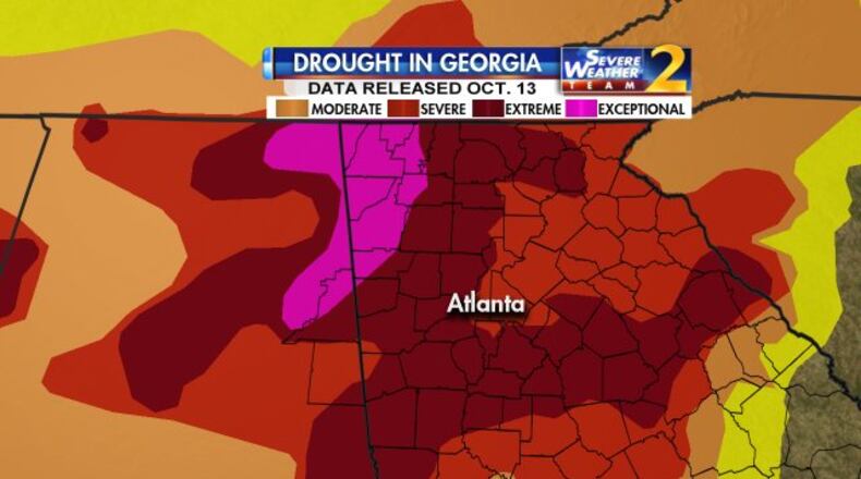 “Exceptional” and “extreme” drought areas have expanded in Georgia. (Credit: Channel 2 Action News)