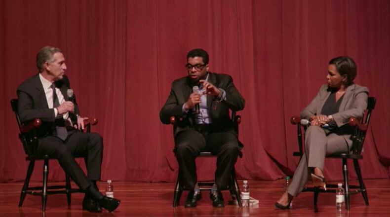 May 3, 2018 - Starbucks executive chairman Howard Schultz (left), Morehouse College associate provost David Wall Rice (center), and Starbucks chief operating officer Rosalind Gates Brewer (right) discuss the recent uproar over two African-American men arrested in a Philadelphia, Pa. store and diversity issues. The discussion was part of a town hall meeting at Morehouse.