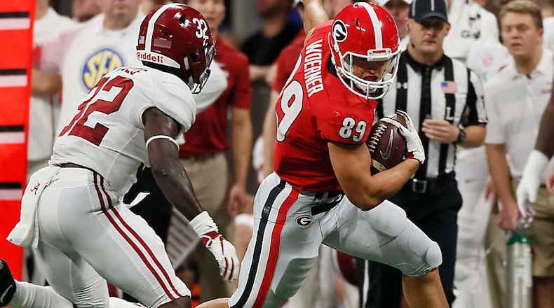 Georgia tight end Charlie Woerner was a three-time first-team all-state player while at Rabun County, where he was a two-way starter at safety and tight end.  Woerner was one of 350 alumni from current Class AA schools on college rosters this season. Photo: Bob Andres/AJC