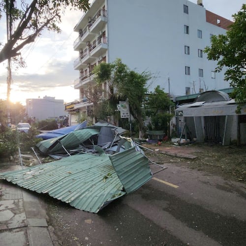 Debris sits on a road in Gai Lai, Vietnam, on Friday, Nov. 7, 2025 after Typhoon Kalmaegi lashed the country with fierce winds and torrential rains. (Sy Thang/VNA via AP)