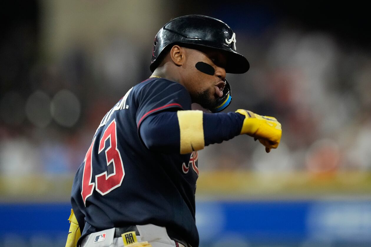 Braves right fielder Ronald Acuña Jr. celebrates after hitting a grand slam against the Astros on Saturday, Sept. 19, 2026, in Houston. The Braves open a three-game series Tuesday at Truist Park. (Ashley Landis/AP)