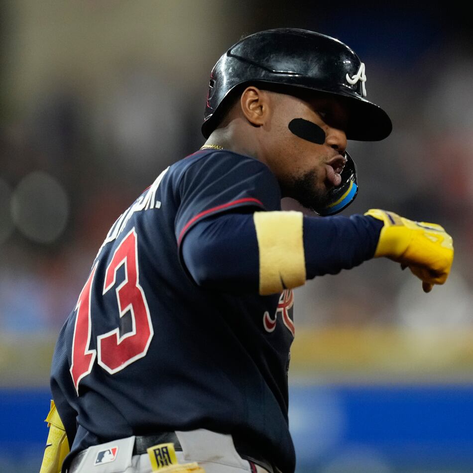 Braves right fielder Ronald Acuña Jr. celebrates after hitting a grand slam against the Astros on Saturday, Sept. 19, 2026, in Houston. The Braves open a three-game series Tuesday at Truist Park. (Ashley Landis/AP)