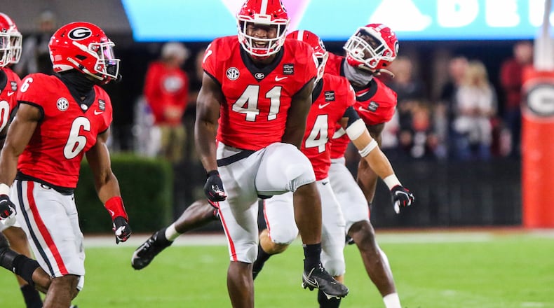 Georgia inside linebacker Channing Tindall (41) during the Bulldogs’ home opener against Auburn on Dooley Field at Sanford Stadium in Athens, Ga., on Saturday, Oct., 3, 2020. (Photo by Chamberlain Smith)