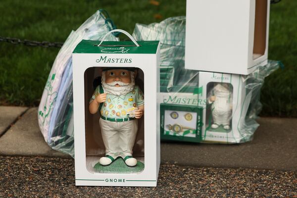 A Masters Gnome and other items are shown that were recently purchased by a patron at the Golf Shop near the first fairway during a practice round at the Masters golf tournament, Monday, April 7, 2025, in Augusta, Ga. (Jason Getz / AJC)