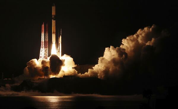 An H-2A rocket carrying Global Observing SATellite for Greenhouse gases and Water cycle, or GOSAT-GW satellite, lifts off from a launch pad in Tanegashima Space Center in Tanegashima, southern Japan, early Sunday, June 29, 2025. (Takumi Sato/Kyodo News via AP)