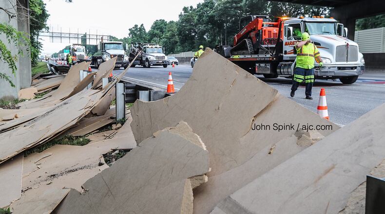 Crews worked Tuesday morning to move spilled sheets of plywood from the eastbound lanes of I-20 off to the shoulder. The cleanup blocked multiple right lanes and caused big backups through Fulton and Cobb counties for hours.