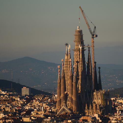 View of the Sagrada Familia basilica, which became the world's tallest church on Thursday after a section of its central tower was lifted into place, in Barcelona, Spain, Oct. 30, 2025. (AP Photo/Emilio Morenatti)