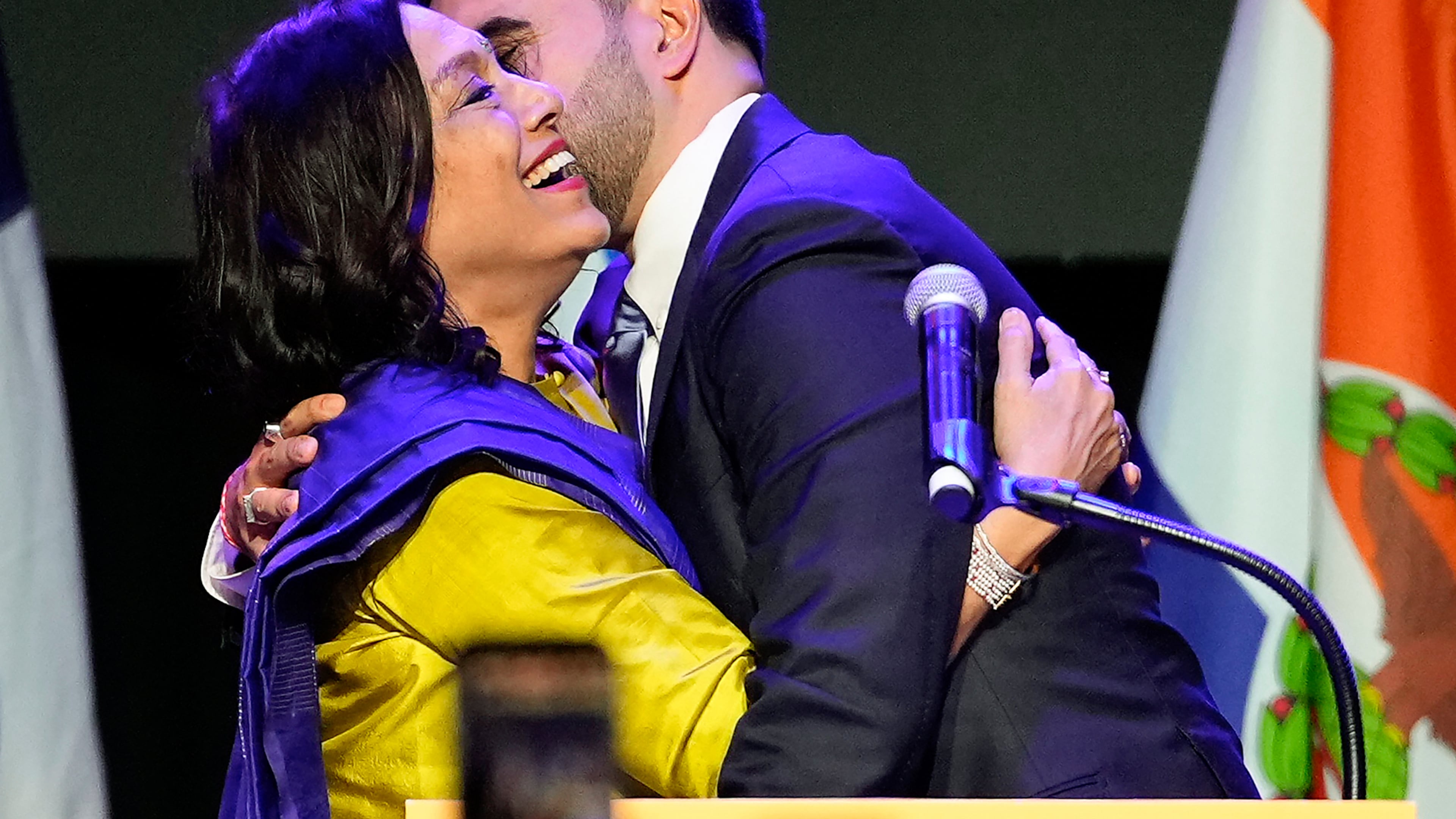 Mayor-elect Zohran Mamdani right, greets his mother Mira Nair, after making an acceptance speech, Tuesday, Nov. 4, 2025, in New York. (AP Photo/Yuki Iwamura)