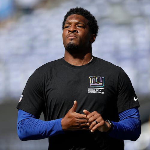 FILE - New York Giants quarterback Jameis Winston (19) warms up before an NFL football game against the Los Angeles Chargers, Sept. 28, 2025, in East Rutherford, N.J. (AP Photo/Adam Hunger, File)