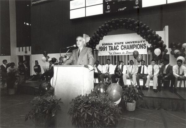In his sixth season as Georgia State basketball coach, after a legendary run at Decatur High School, Bob Reinhart led the Panthers to the Trans-American Athletic Conference championship and then to the NCAA tournament in 1991. The Panthers lost to Arkansas in a first-round game at the Omni in Atlanta. The Panther finished 2-26 the season before Reinhart became the coach. (Photo courtesy of Georgia State Athletics)