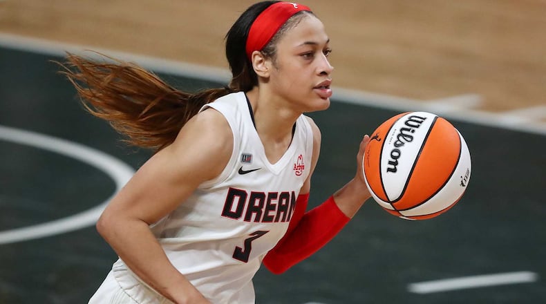 Dream guard Chennedy Carter drives against the Chicago Sky in a WNBA basketball game on Wednesday, May 19, 2021, in College Park. “Curtis Compton / Curtis.Compton@ajc.com”