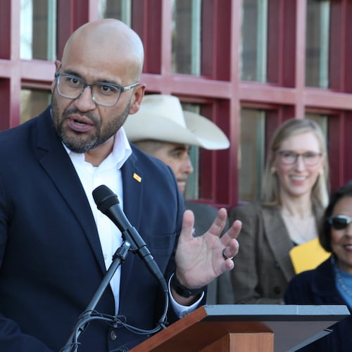 New Mexico House Speaker Javier Martinez talks about state efforts to temporarily backfill SNAP benefits during a news conference outside a grocery store in Albuquerque, New Mexico, on Wednesday, Oct. 29, 2025. (AP Photo/Susan Montoya Bryan)