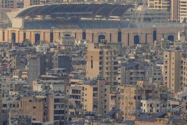 A bomb dropped from an Israeli jet hits a building in Dahiyeh, in the southern suburb of Beirut, Lebanon, Friday, March 28, 2025. (AP Photo/Hassan Ammar)