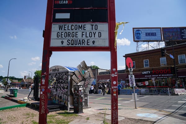 A view of the spot of George Floyd's murder at George Floyd Square on the five-year anniversary of Floyd's death, Sunday, May 25, 2025, in Minneapolis. (AP Photo/Abbie Parr)